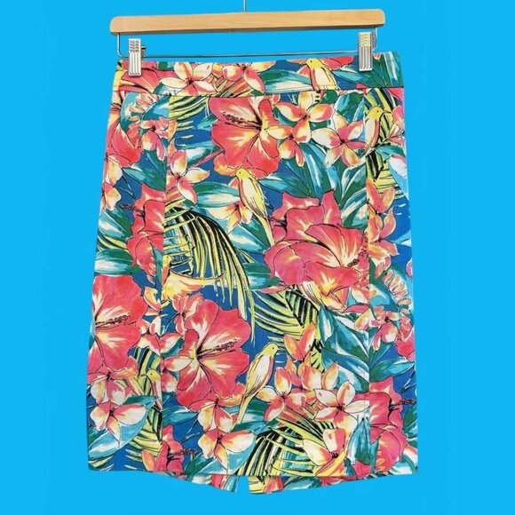Women’s LOFT Bright Blue, Pink, Yellow Tropical Patterned Pencil Skirt-Size 2 - Picture 1 of 9